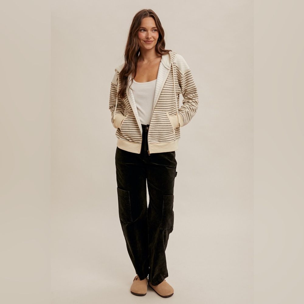 Hem & Thread Striped Utility Jacket in Cream and Brown - Picture 2 of 7